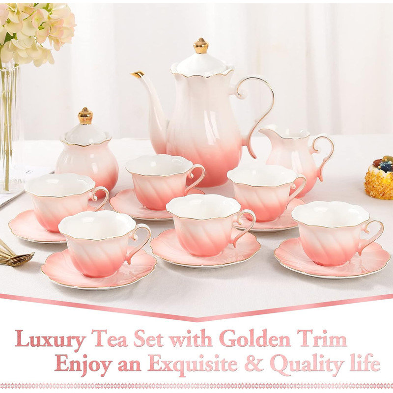 Ensemble de 22 tasses à thé et à thé en porcelaine avec garniture 22 pièces, Dégradé spécial rose