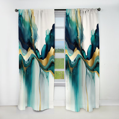 Teal And Gold Abstract Expression I - Abstract Liquid Ink Blackout Abstract Curtain - 1 Panel
