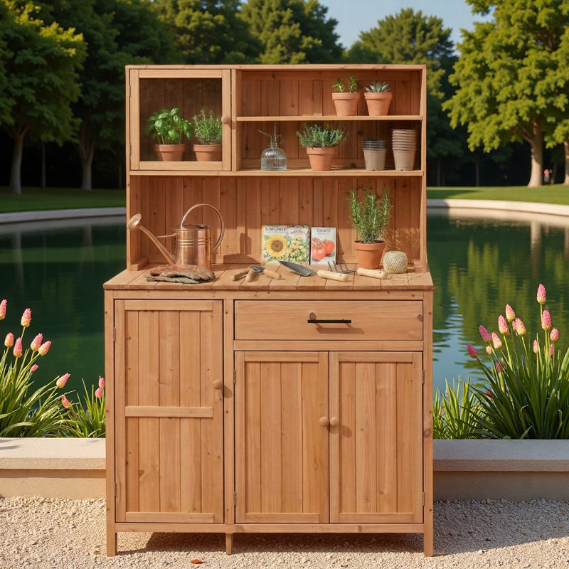 Banc de rempotage avec huche, grand comptoir, tablettes réglables, support à épices, crochets latéraux et tiroir, Natural
