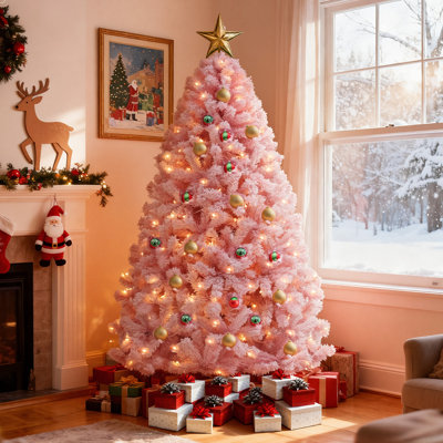 6 Ft Prelit Pink Flocked Spruce Christmas Tree  with Adjustable Lighting with Adjustable Lighting