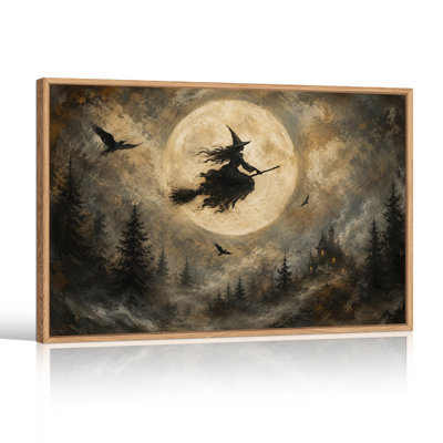 Sorcière volant sur un manche à balai au-dessus d'une forêt et d'un art d'Halloween complet