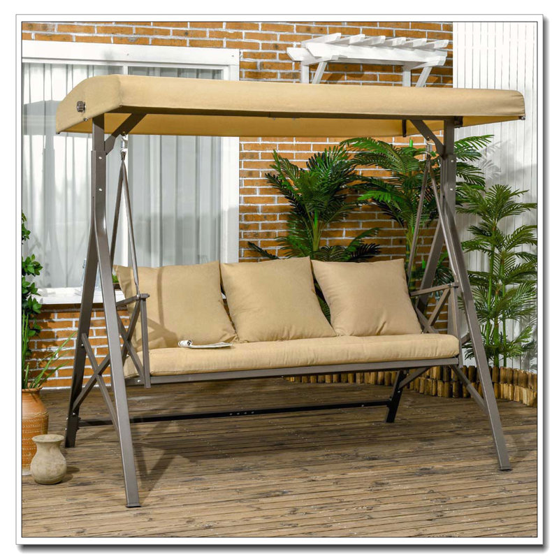Banc de balançoire d'extérieur pour 3 personnes avec support et auvent réglable, Beige/brun