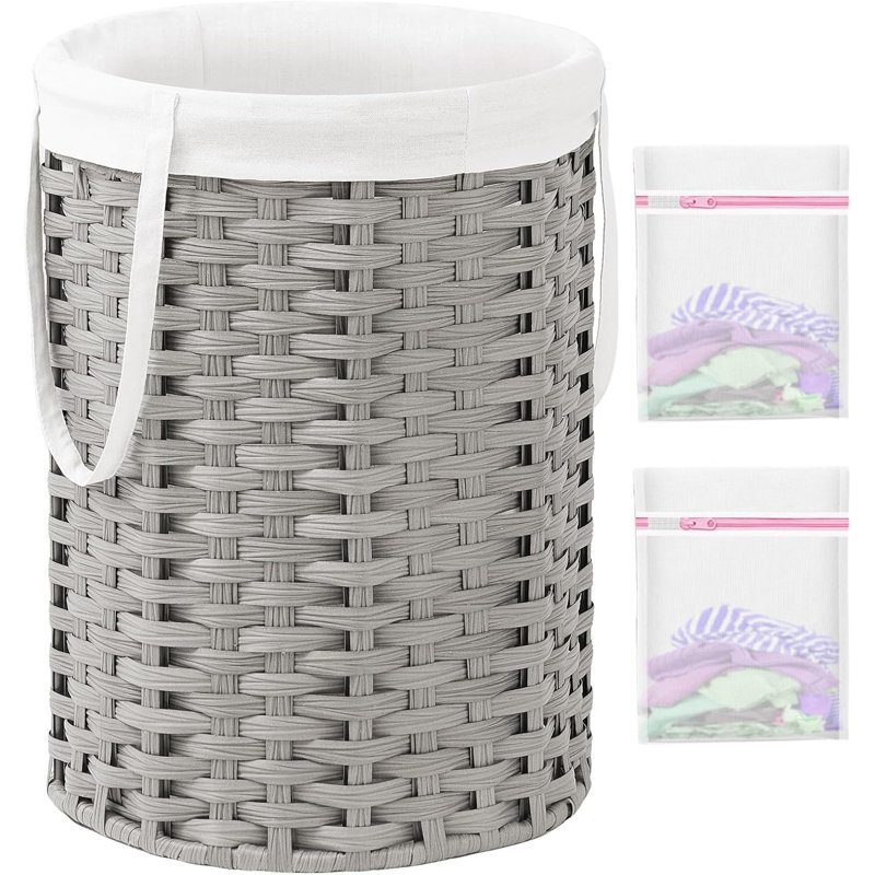 Large Woven Laundry Hamper Basket With Removable Liner And Handles - Durable Rattan Design, Sturdy Metal Frame, Foldable For Space Saving, Includes 2 Mesh Bags For Organization