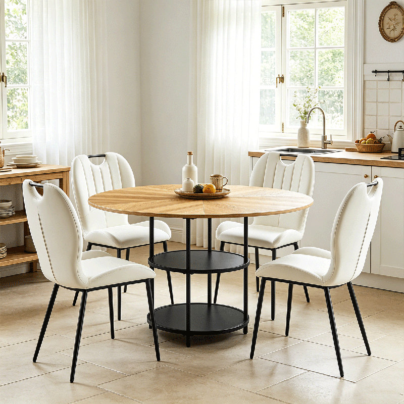 Ensemble de table de salle à manger ronde pour 4 personnes, ensemble de table de salle à manger de ferme de 47,3 po avec 4 chaises rembourrées et tablette de rangement, plateau de table en bois avec structure en métal, bois fendu