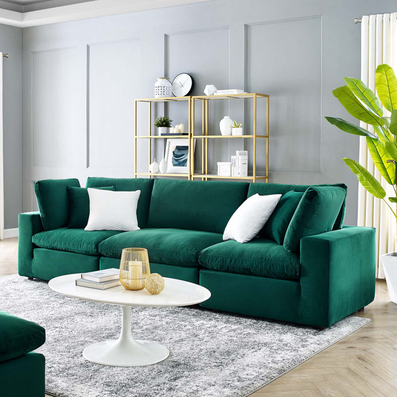 Modway Commix Down Filled Overstuffed Performance Velvet 3-Seater Sofa, Green