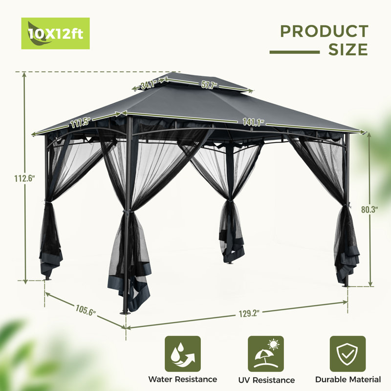 Double Roof Soft Top Metal Patio Gazebo With Netting, Grey, 112.6" H x 141.1" W x 117.5" D