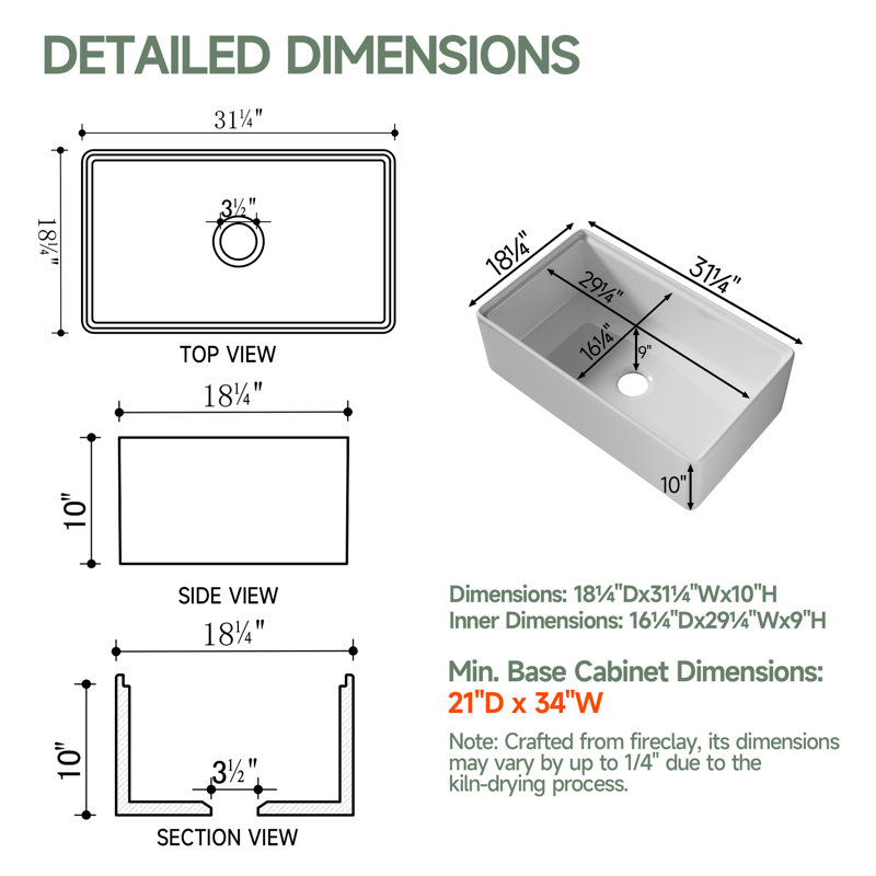 Évier de poste de travail à tablier frontal en argile réfractaire 31 po x l 18 po pour cuisine, évier de ferme blanc à simple cuve, 4 accessoires personnalisés inclus