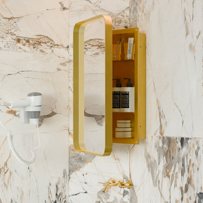 Pharmacie encastrée à cadre en métal avec miroir et 2 tablettes réglables en or mat, convient à la salle de bain, installation à l'envers 180, aucun assemblage requis, métal de haute qualité, scellant