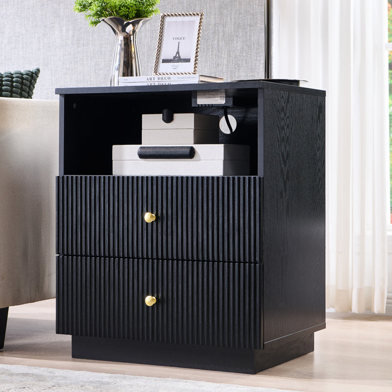 Fluted End Table with Charging Station, 21.65" Wide Side Table with 2 Drawers, Black
