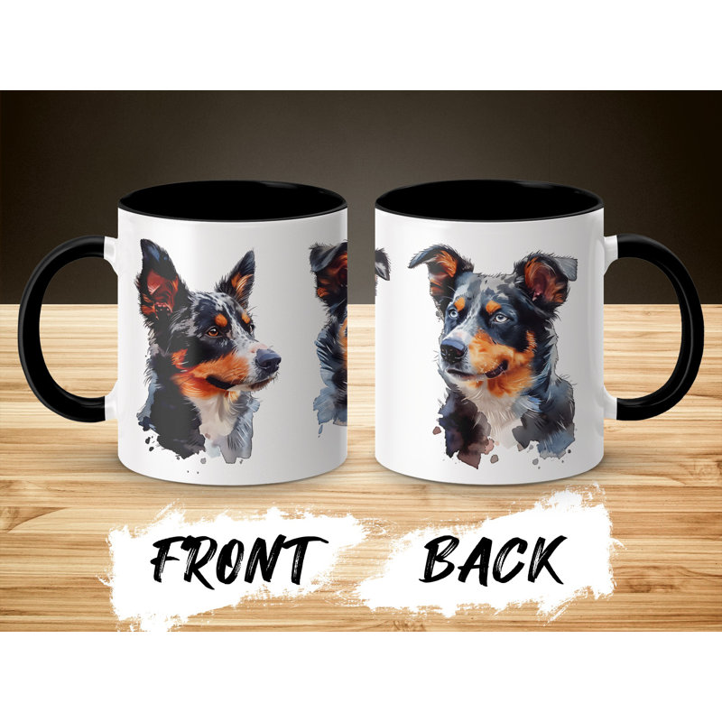 11oz Watercolour Australian Shepherd Design Coffee Mug, 3, Black