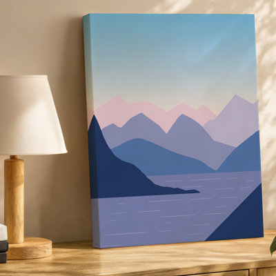 Toile, "Un paysage minimaliste avec des montagnes stylisées aux nuances variées d'art mural", bleu et rose tendre contre un ciel bleu pâle, art mural