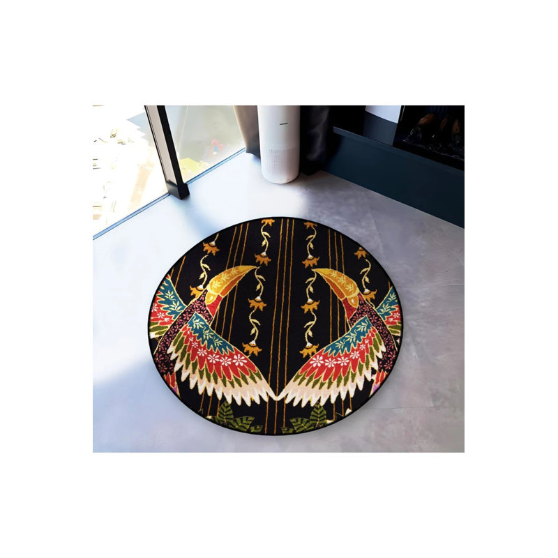 Multicolored Ethnic Pattern Bird Detailed Woven Base Modern Decorative Carpet, Round 3'4"