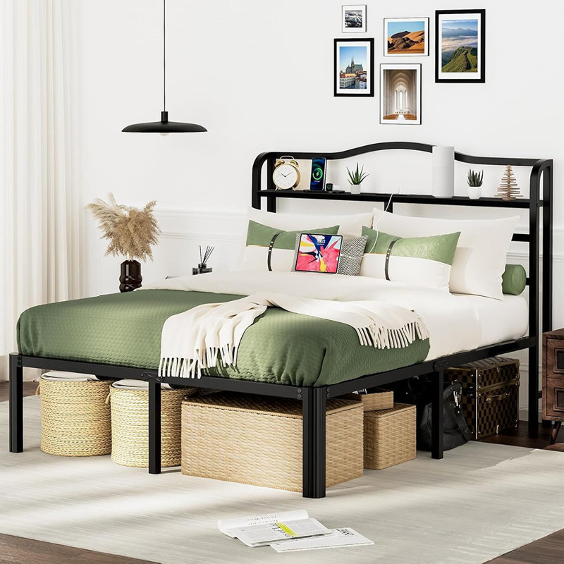 Base de lit grand avec tête de lit et station de charge Base de lit en métal de 18 po de hauteur, base de matelas robuste avec grand espace de rangement, cadres de lit plateforme noirs sans sommier (18 po, grand)