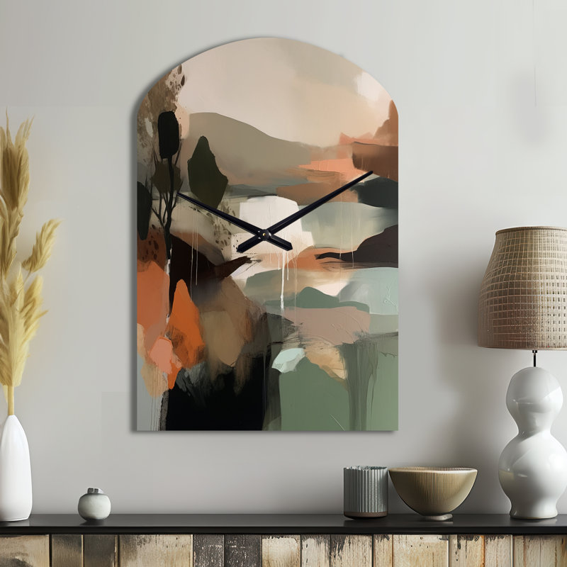«Green and Beige Transcendant Reality I», reproduction d'art horloge murale en métal, horloge murale asymétrique moderne