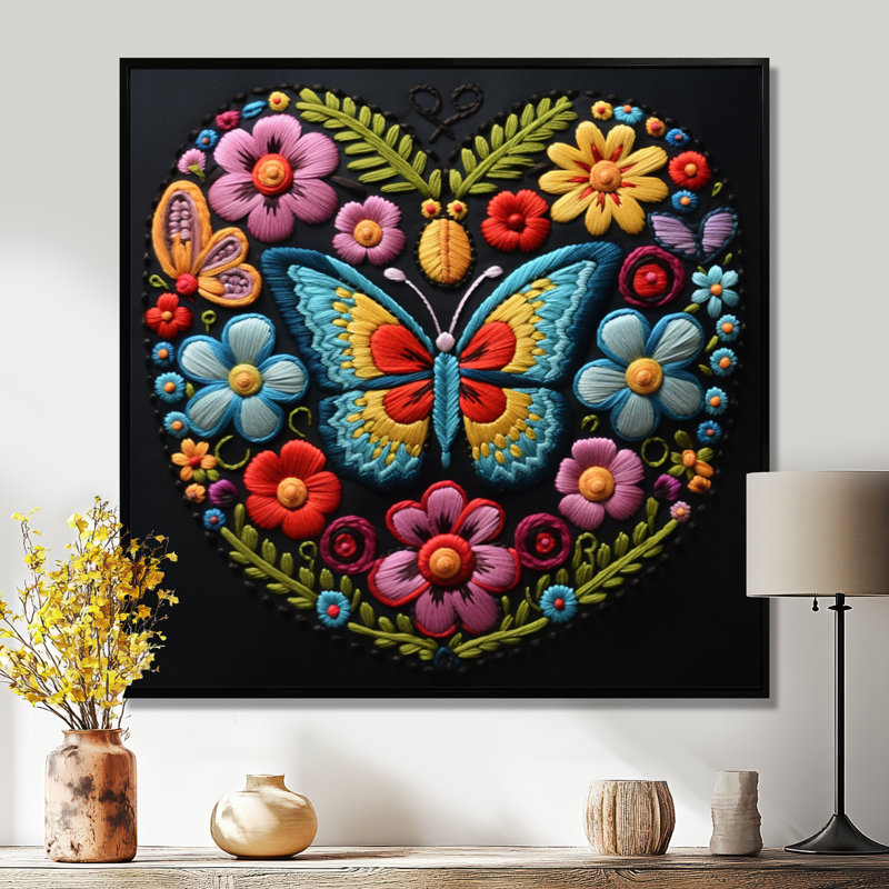 Motif floral broderie boho Papillon, Toile avec cadre noir, H 16 po x l 16 po x P 1 po