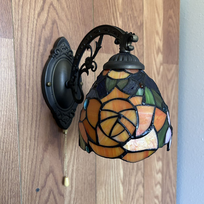 Simonson Tiffany Sconce Lamps Red Orange Stained Glass Rose Flowers Pull Chain Switch LED Bulb Included 6"W*11"D*9"H