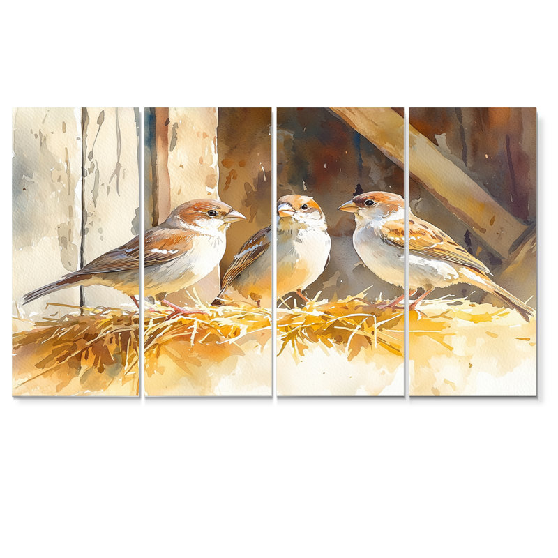 Oiseau Sparrows dans la basse-cour I - Art mural oiseau - Art mural moderne sur toile, H 28 po x l 48 po
