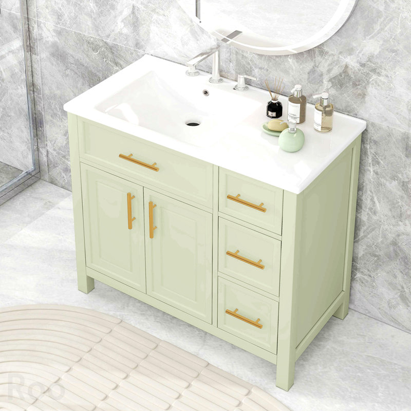 Meuble-lavabo de 91 cm (36 po) avec lavabo, meuble-lavabo à deux portes et trois tiroirs, en bois massif et panneaux MDF, vendu à l'unité, blanc et vert.
