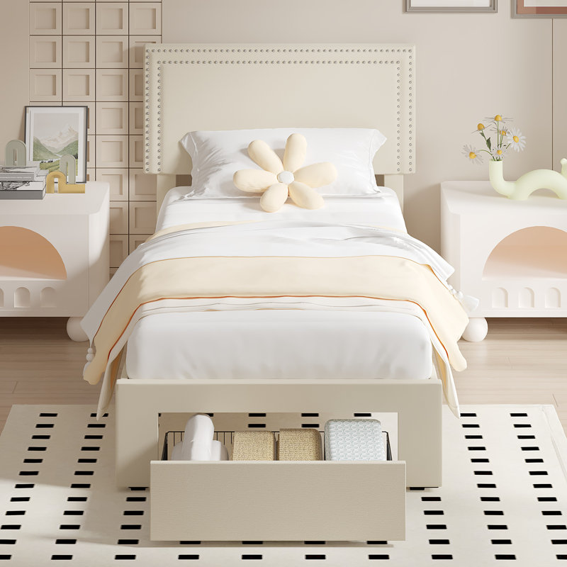 Bed with Storage Drawers Upholstered Platform Bed Adjustable with Nailhead Trim Headboard Wooden Slats Support Bed Frame (Twin 1 Drawer)