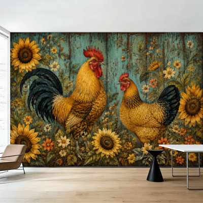 Peel and Stick Wallpaper Vintage Rooster Sunflower Floral Accents Blue Wall Murals 100"H x 144"W Removable PVC Wall Paper Self-Adhesive Wall Decor for Bedroom Living Room Home Office