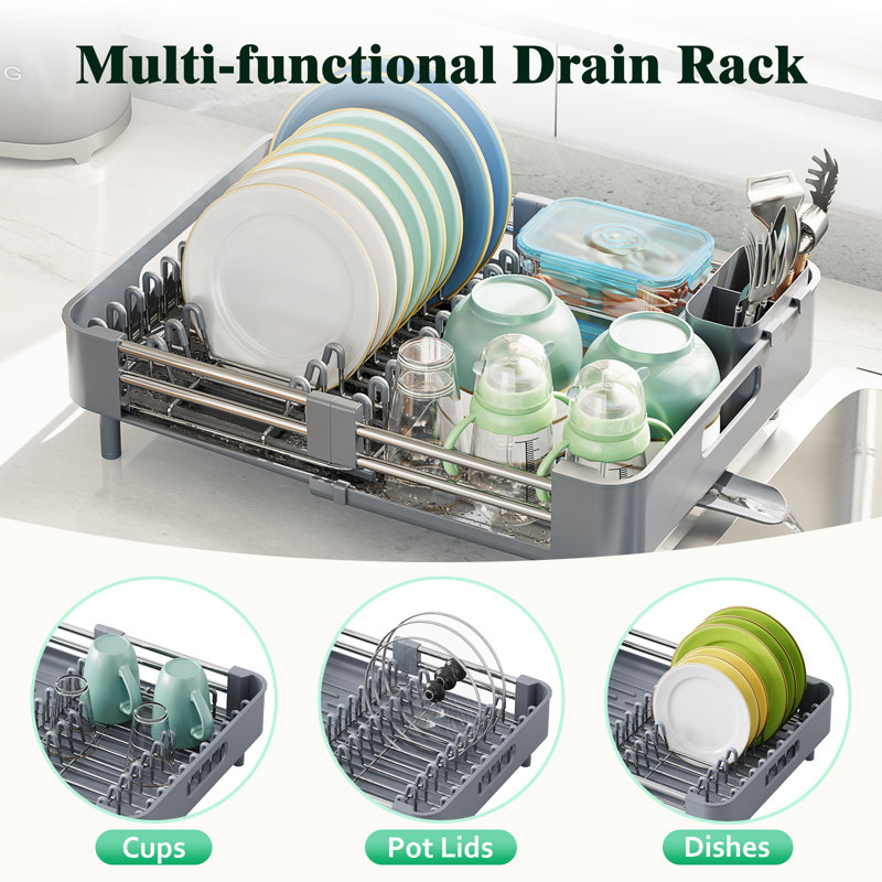 Gray Extendable Stainless Steel Dish Rack with Utensil Cup