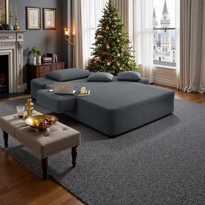 Convertible Plush Corduroy Chaise Lounge With Storage Pocket And Pillows