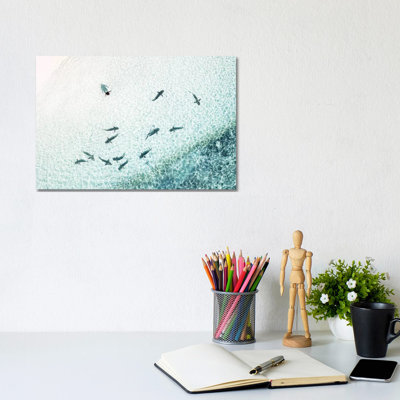 Aerial Shoreline Sharks With Swimmer by James Vodicka - Wrapped Canvas Print