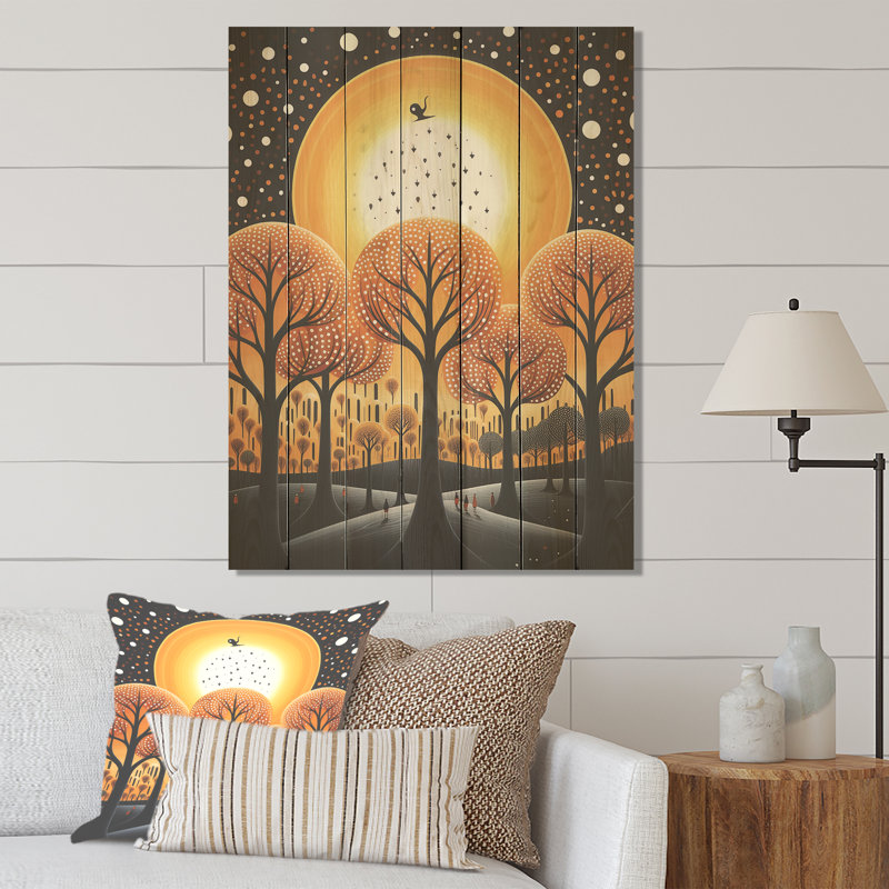 Moonlit - Forêt jaune et noire - Arbre sur bois, H 20 po x l 10 po