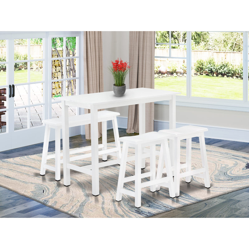 Ensemble de table de salle à manger moderne 4 pièces comprenant une table rectangulaire en bois et 2 tabourets avec banc, blanc brossé