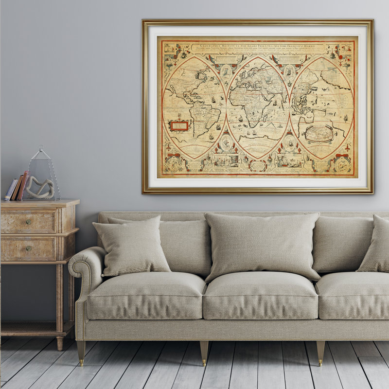 « rétro carte du monde iii », impression, H 18 po x l 27 po x P 1,5 po, Cadre doré