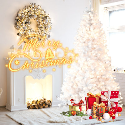 Arbre de Noël blanc 9 pi pré-éclairé avec fil mémoire - 650 lumières incandescentes chaudes, extrémités de 1930, conception à dépliage automatique, support en métal stable, arbre de Noël artificiel en PVC