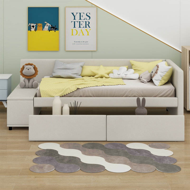 Lit plateforme tapissier en L avec rangement et tiroirs, Beige