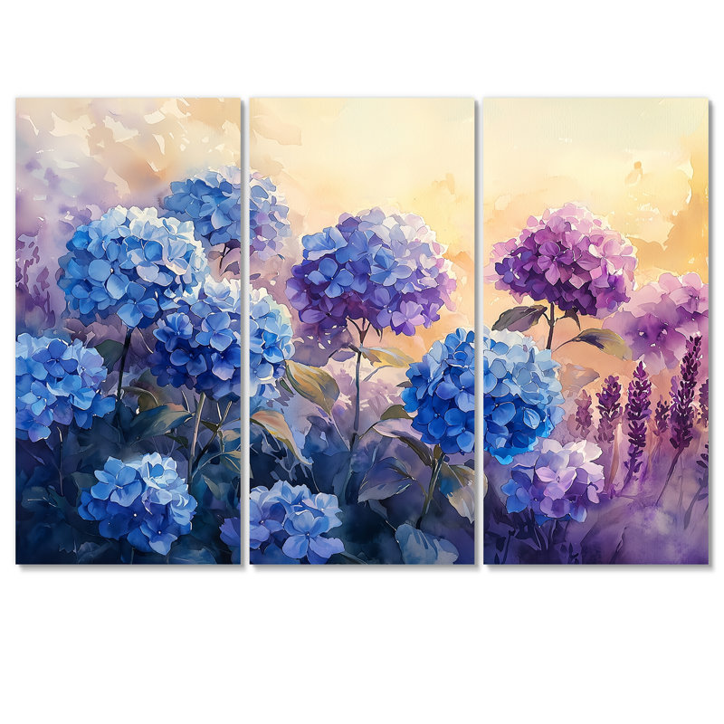 Hortensias dans le champ de lavande I - ensemble de 3 hortensias muraux, H 28 po x l 36 po, Toile tendue, Ne s’applique pas
