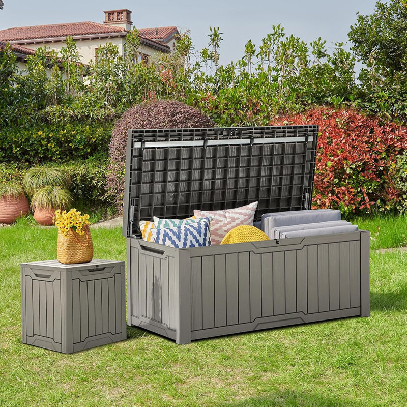 Grand coffre de rangement extérieur en résine - imperméable, verrouillable, pour coussins de patio, outils de jardin et fournitures de piscine, taupe