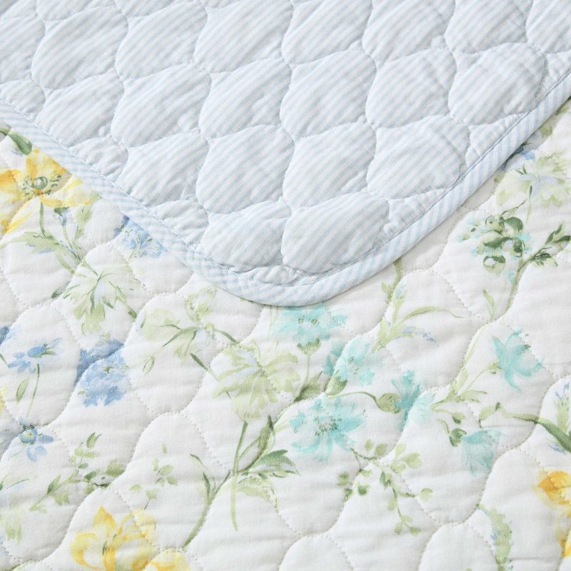 Laura Ashley Poppy Meadow Cotton Reversible Blue Quilt Set, Twin Quilt + 1 Standard Sham