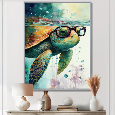 Turtle With Glasses In The Ocean II - Turtle Wall Art