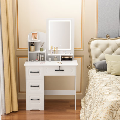 Bureau de maquillage avec miroir, grand bureau de coiffeuse avec 6 tablettes ouvertes, 4 tiroirs, coiffeuse de maquillage avec lumière, coiffeuse de chambre à coucher
