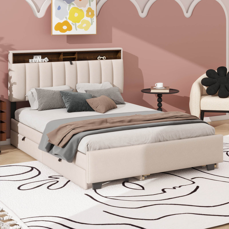 Lit plateforme tapissier avec tête de lit, Lit double , Beige