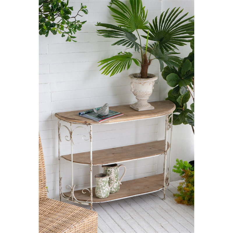 43.5X14x32" Three-Tiered White Wooden Shelving Unit With Ornate Iron Frame