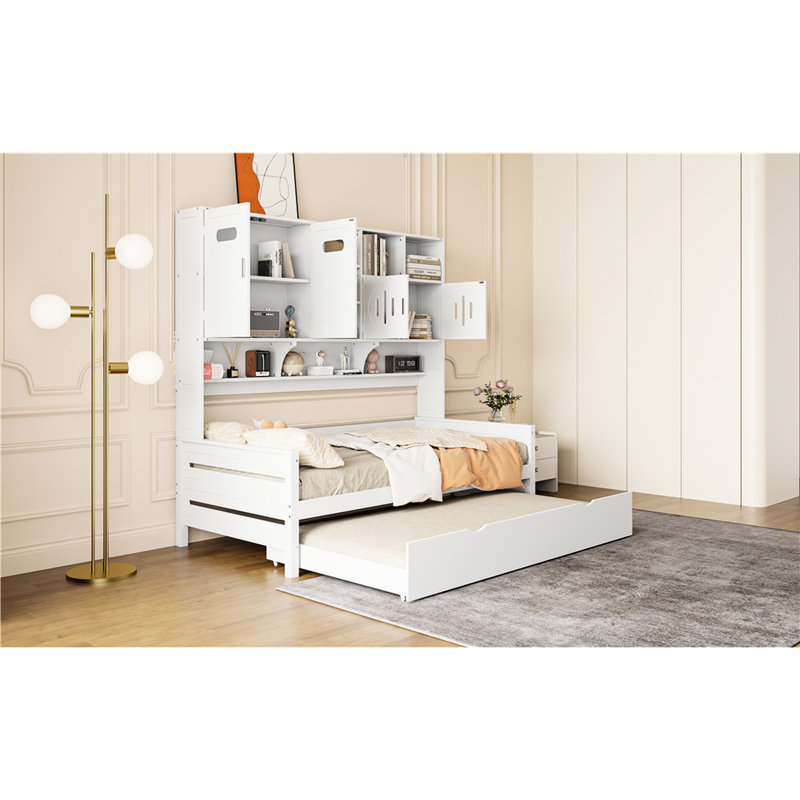Twin Size Daybed With Trundle And Storage Cabinet, Space Saving Bed - Compact White Built-In Cabinet Shelf Strong Practical