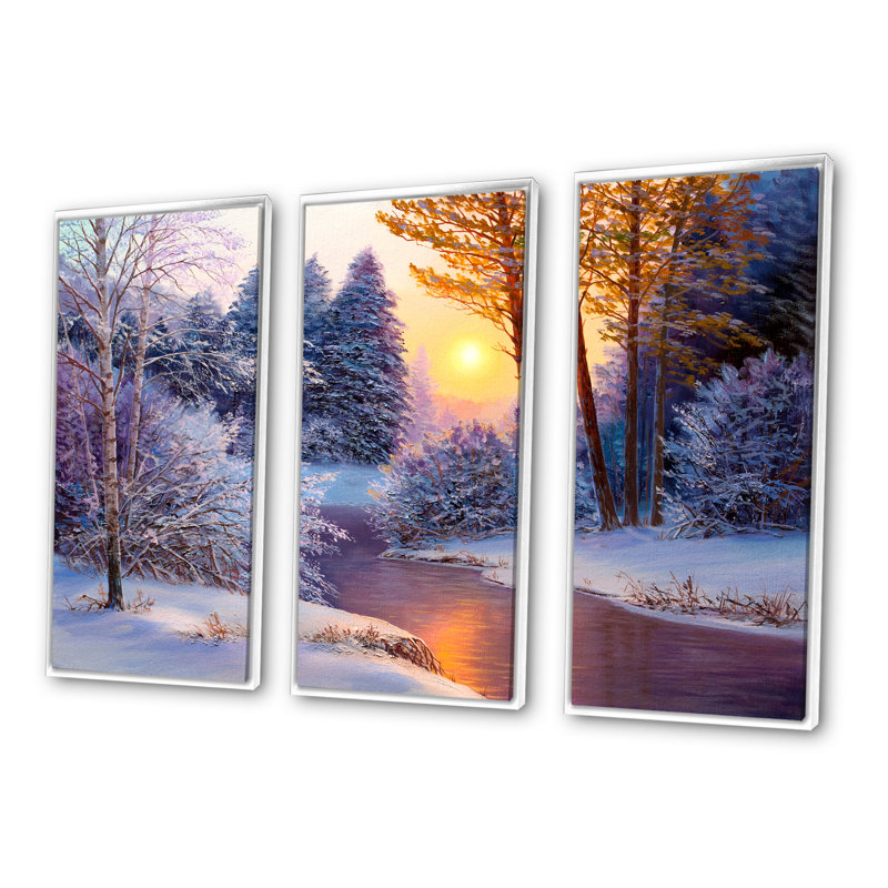 «Winter Forest In River», ensemble de 3 toiles encadrées, H 28 po x l 36 po, Blanc
