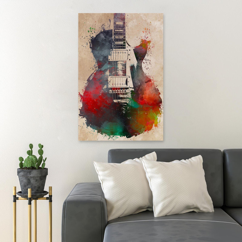 Guitare colorée sur fond brun, impression rectangulaire sur toile tendue 1 pièce, H 20 po x l 16 po x P 2 po