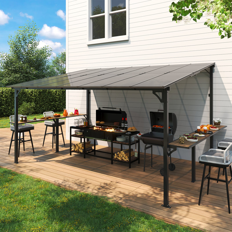 Meissalivve 10' X 14' Wall Mounted Gazebo, Outdoor Bbq Grill Gazebo With Side Shelf, Lean To Metal Awnings With Sloped Roof, Heavy Duty Pergola For Backyard, Deck, Black