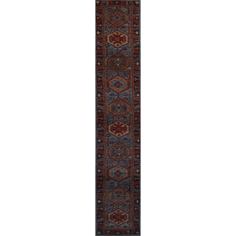 Tapis bleu clair et bleu noué à la main de haute qualité