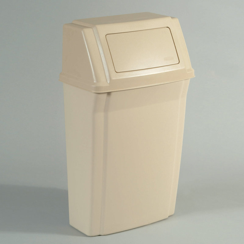 Beige 15-Gallon Wall-Mounted Plastic Trash Bin