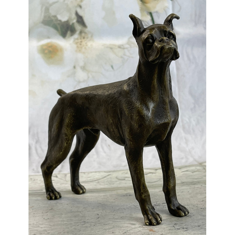 Bronze Boxer Dog Metal Statue Sculpture 8" x 9"