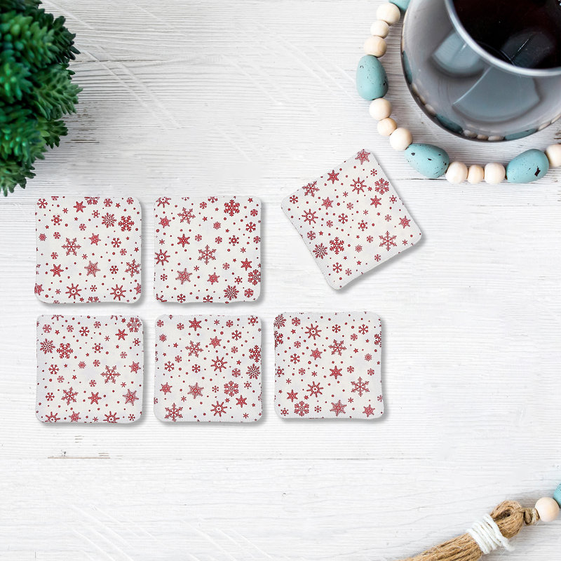Ensemble de 6 sous-verres carrés rouges imprimés en flocons de neige, blanc