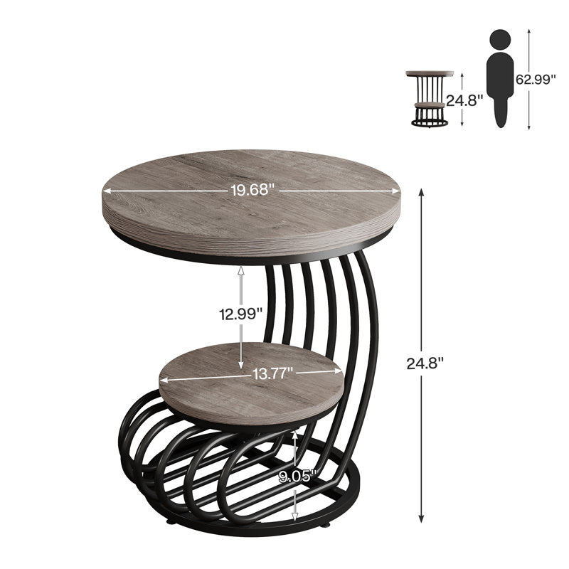 Table d'appoint Ondray, table de bout, table d'appoint, table d'appoint de salon, avec rangement, Noir, Gris