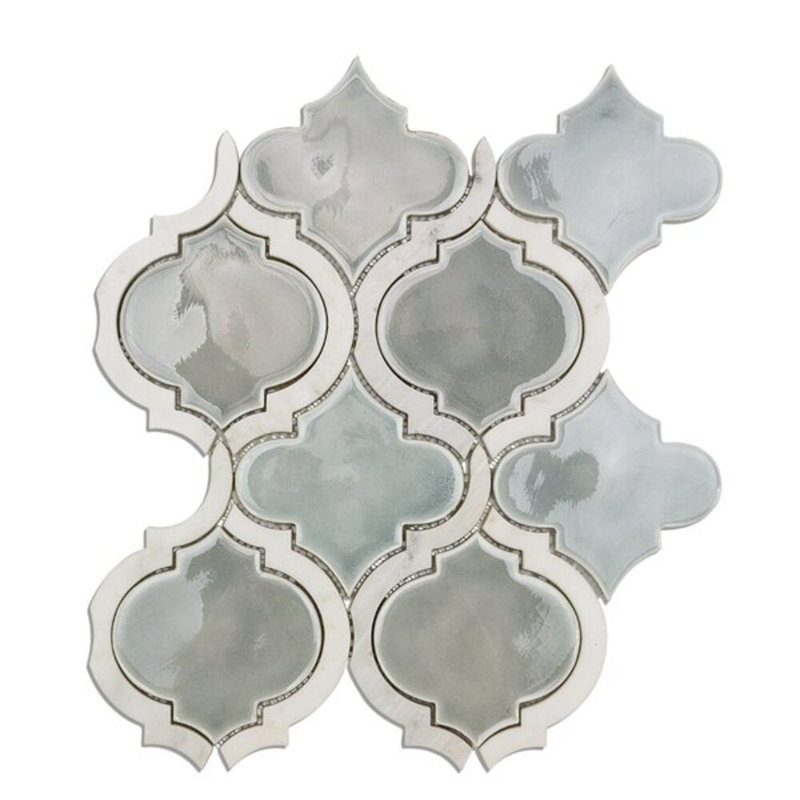 Nabi Arabesque 4" Mixed Finish Glass & Marble Mosaic Tile, Light Sea Wind