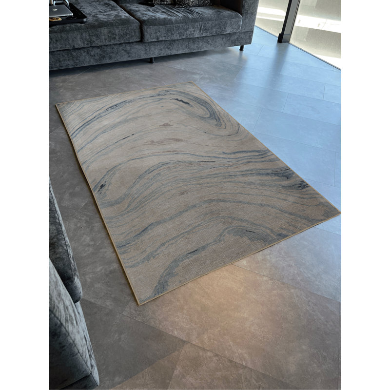 Tapis décoratif moderne à motif abstrait ondulé bleu et beige, Rectangle 4 pi 7,12 po x 6 pi 6,74 po